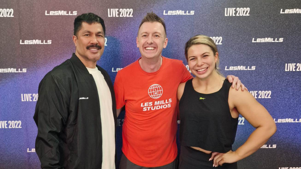 Dave Berrill with Mark Nu'u-Steele and Kaylah-Blayr Fitzsimons-Nu'u at Les Mills Live in London