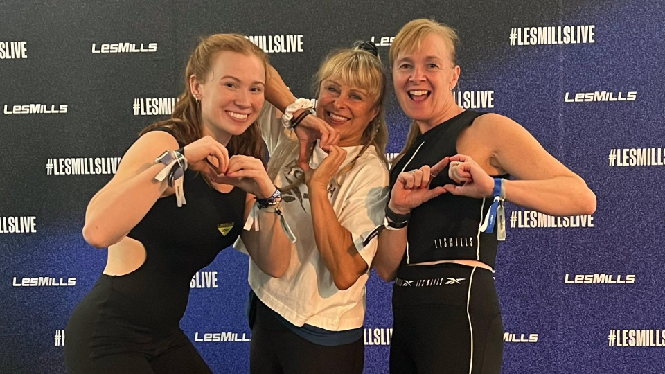 Clare and Caroline McDonald with Lisa Osborne at Les Mills Live in London